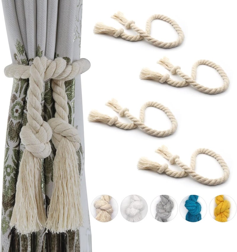 Yteseery 4 Pack Rope Curtain Tiebacks, Natural Cotton Curtain Holdbacks, Outdoor Curtain Tiebacks for Patio Gazebo Pergola Cabana, Decorative Curtain Tie for Rustic Farmhouse Village Theme, Beige - Image 1